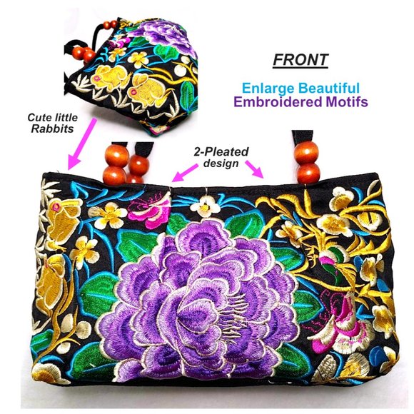 Embroidery Satchel Floral Rabbits Black Purple Canvas Tote Zip Top Handle Lined - Picture 4 of 12